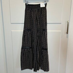 Love Wish Tiered Wide Leg Pants Black Beige Stripe Floral Print Elastic Waist S
